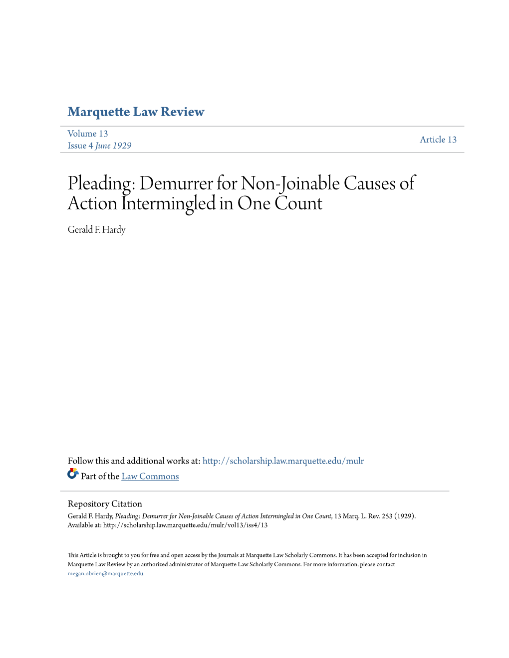 Pleading: Demurrer for Non-Joinable Causes of Action Intermingled in One Count Gerald F