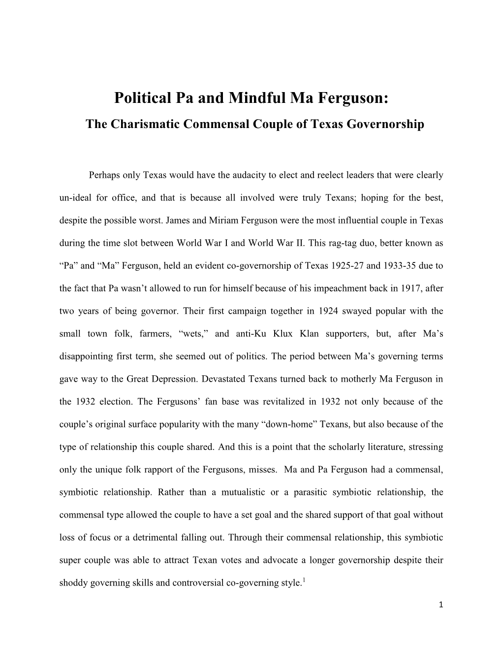 Political Pa and Mindful Ma Ferguson: the Charismatic Commensal Couple of Texas Governorship