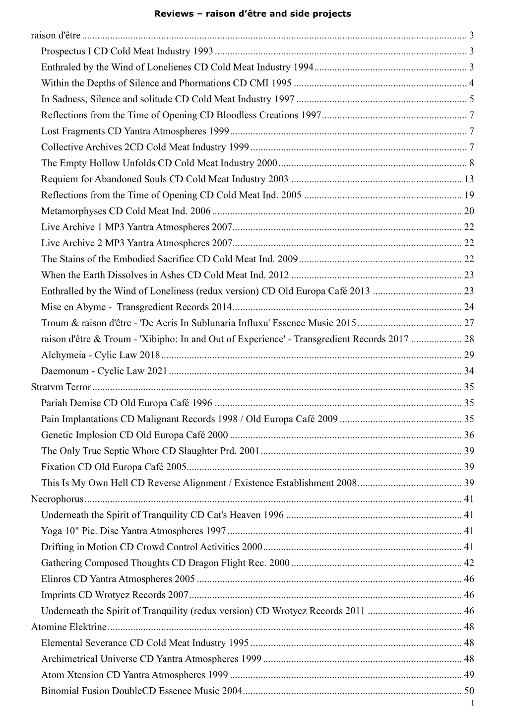 Reviews – Raison D'être and Side Projects Prospectus I CD Cold Meat