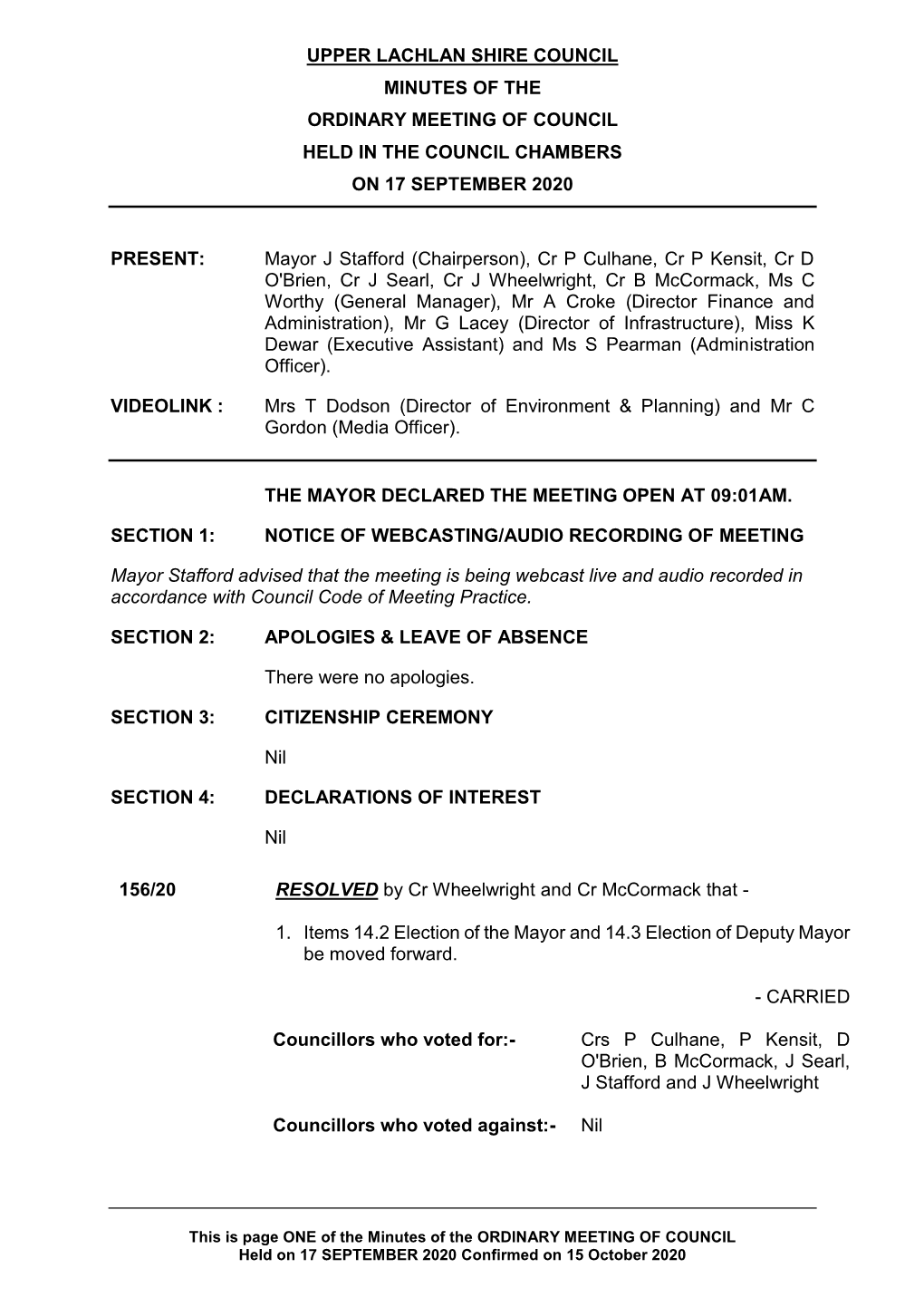 Minutes of the Ordinary Meeting of Council Held in the Council Chambers on 17 September 2020