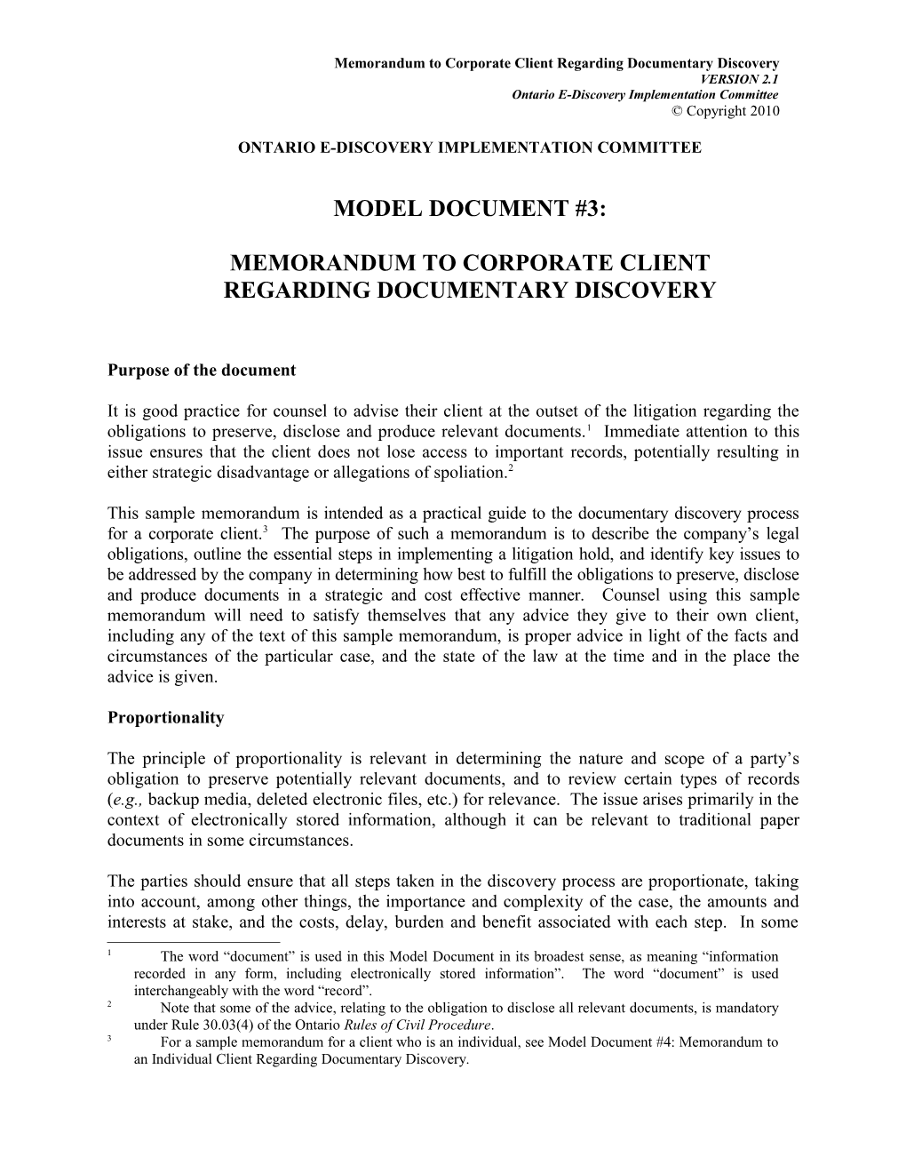 Memorandum to Corporate Client Regarding Documentary Discovery