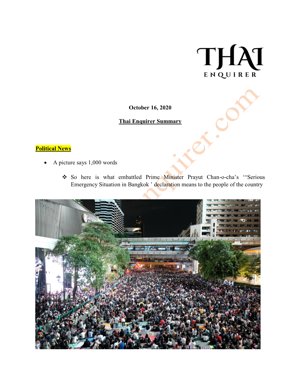 October 16, 2020 Thai Enquirer Summary Political News • a Picture Says 1,000 Words So Here Is What Embattled Prime Ministe