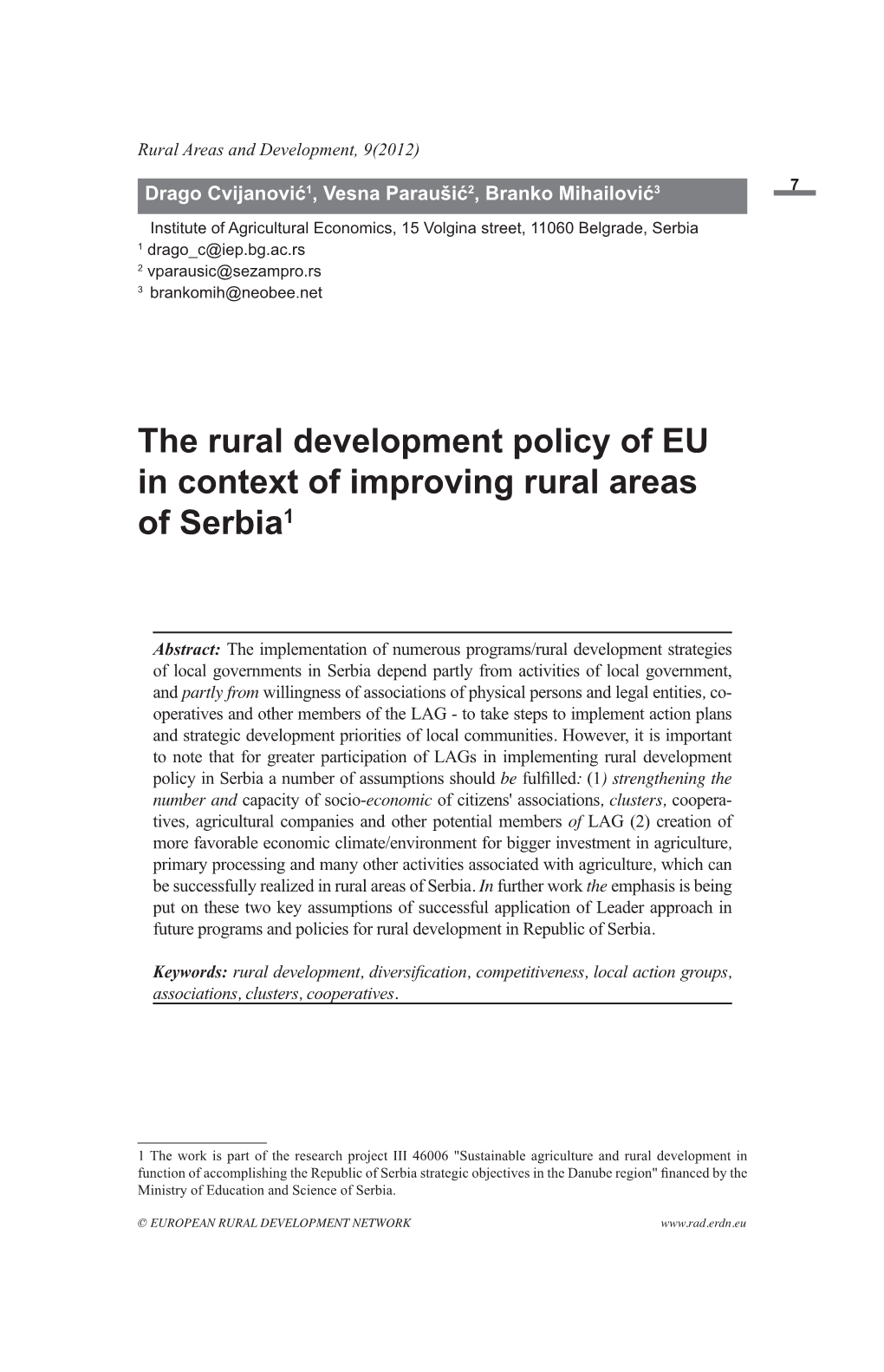 The Rural Development Policy of EU in Context of Improving Rural Areas of Serbia1