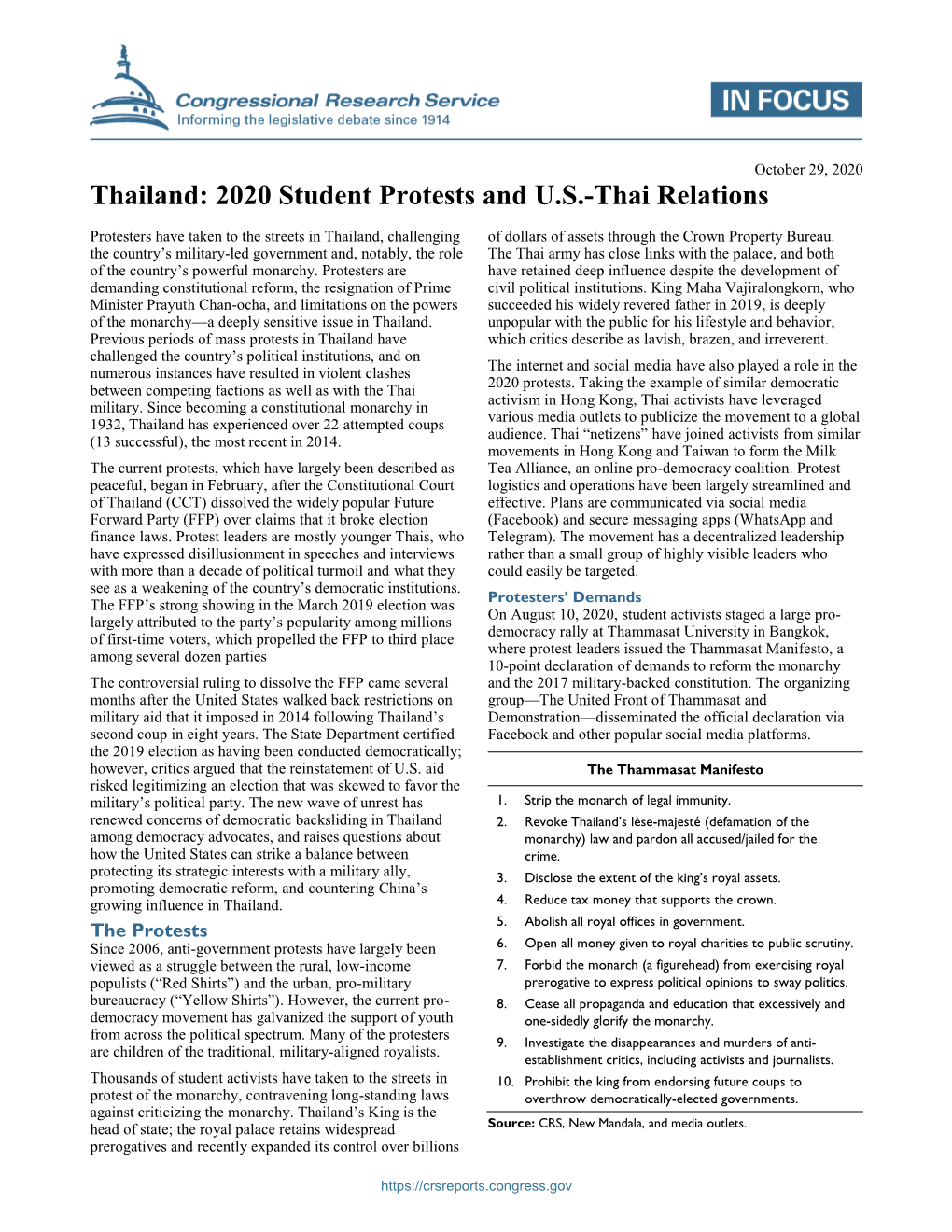 Thailand: 2020 Student Protests and U.S.-Thai Relations