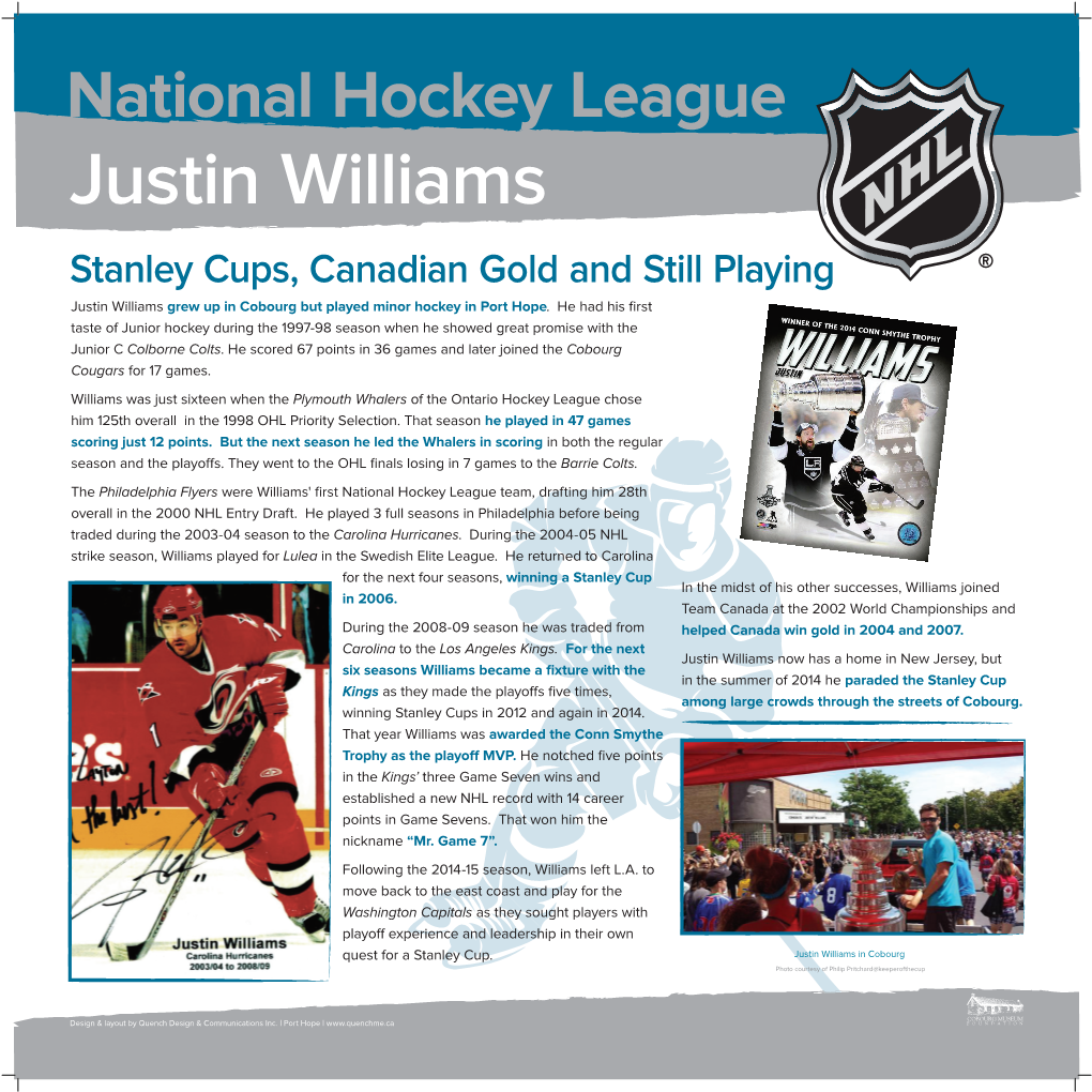 Justin Williams Grew up in Cobourg but Played Minor Hockey in Port Hope