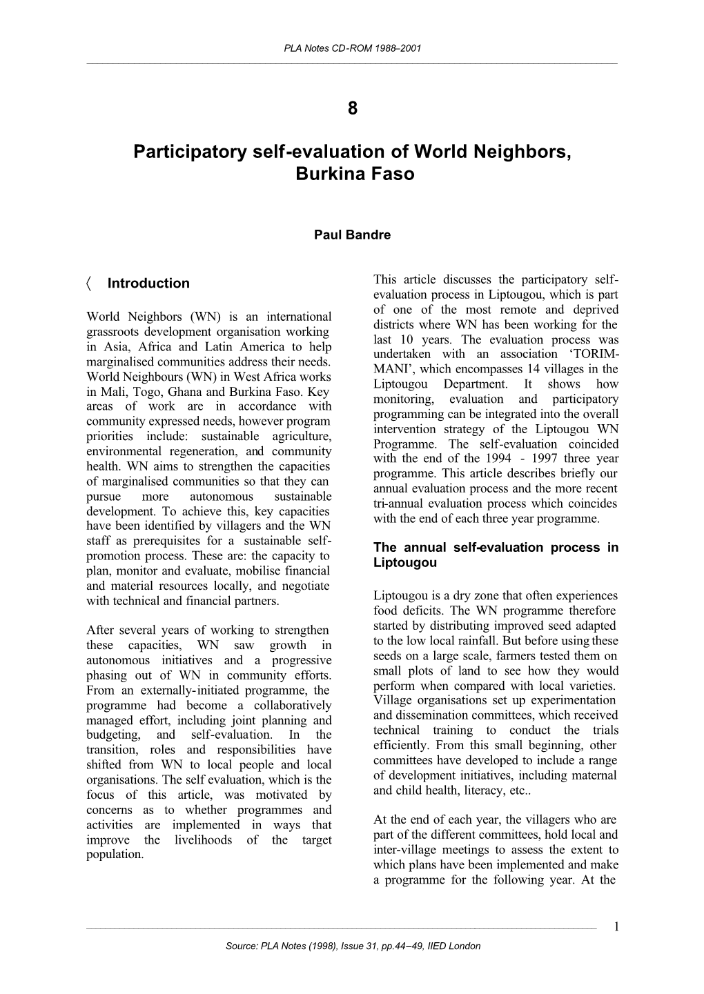 8 Participatory Self-Evaluation of World Neighbors, Burkina Faso