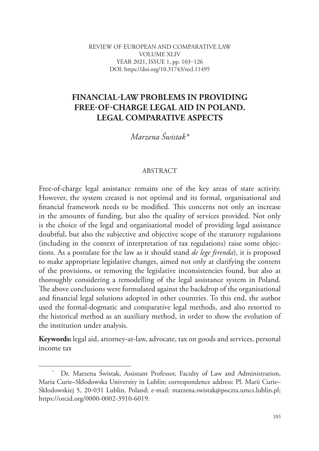 Financial-Law Problems in Providing Free-Of-Charge Legal Aid in Poland