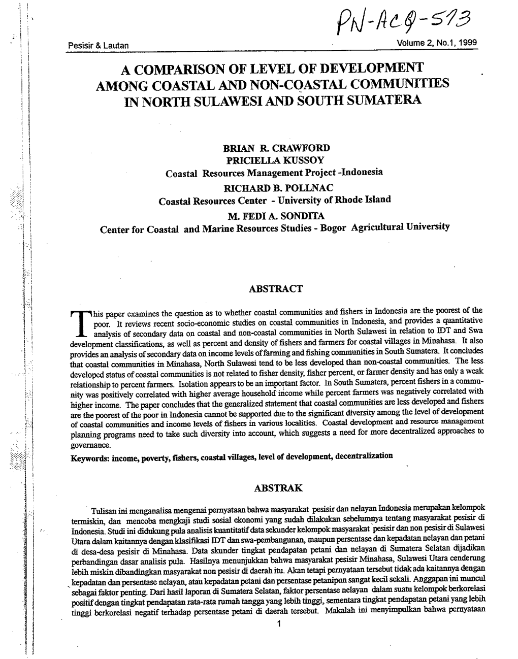 A COMPARISON of LEVEL of Developmel'i't AMONG COASTAL and NON-COASTAL COMMUNITIES in NORTH SULAWESI and SOUTH SUMATERA