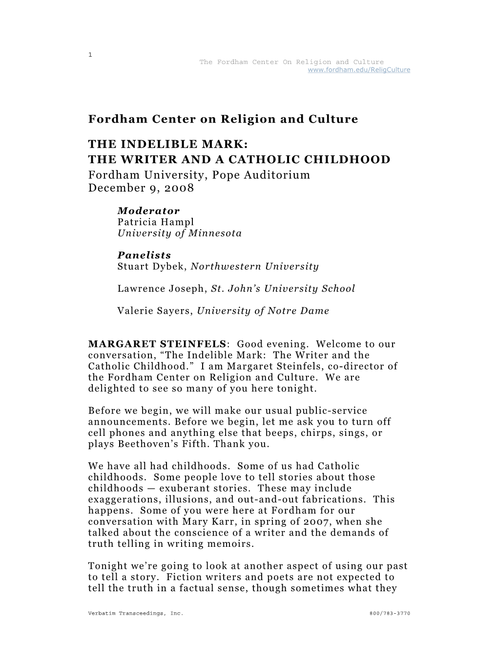 Fordham Center on Religion and Culture the INDELIBLE MARK