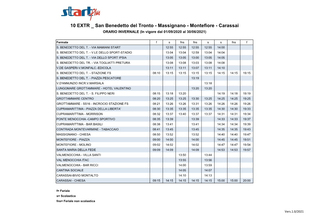 10 EXTR San Benedetto Del Tronto - Massignano - Montefiore - Carassai ORARIO INVERNALE (In Vigore Dal 01/09/2020 Al 30/06/2021)