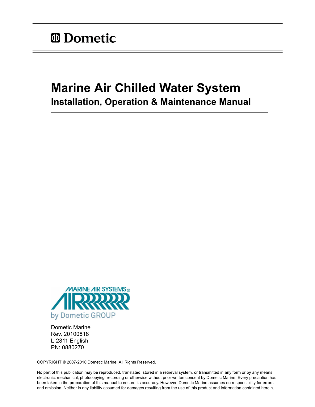 Marine Air Chilled Water System Installation, Operation & Maintenance Manual