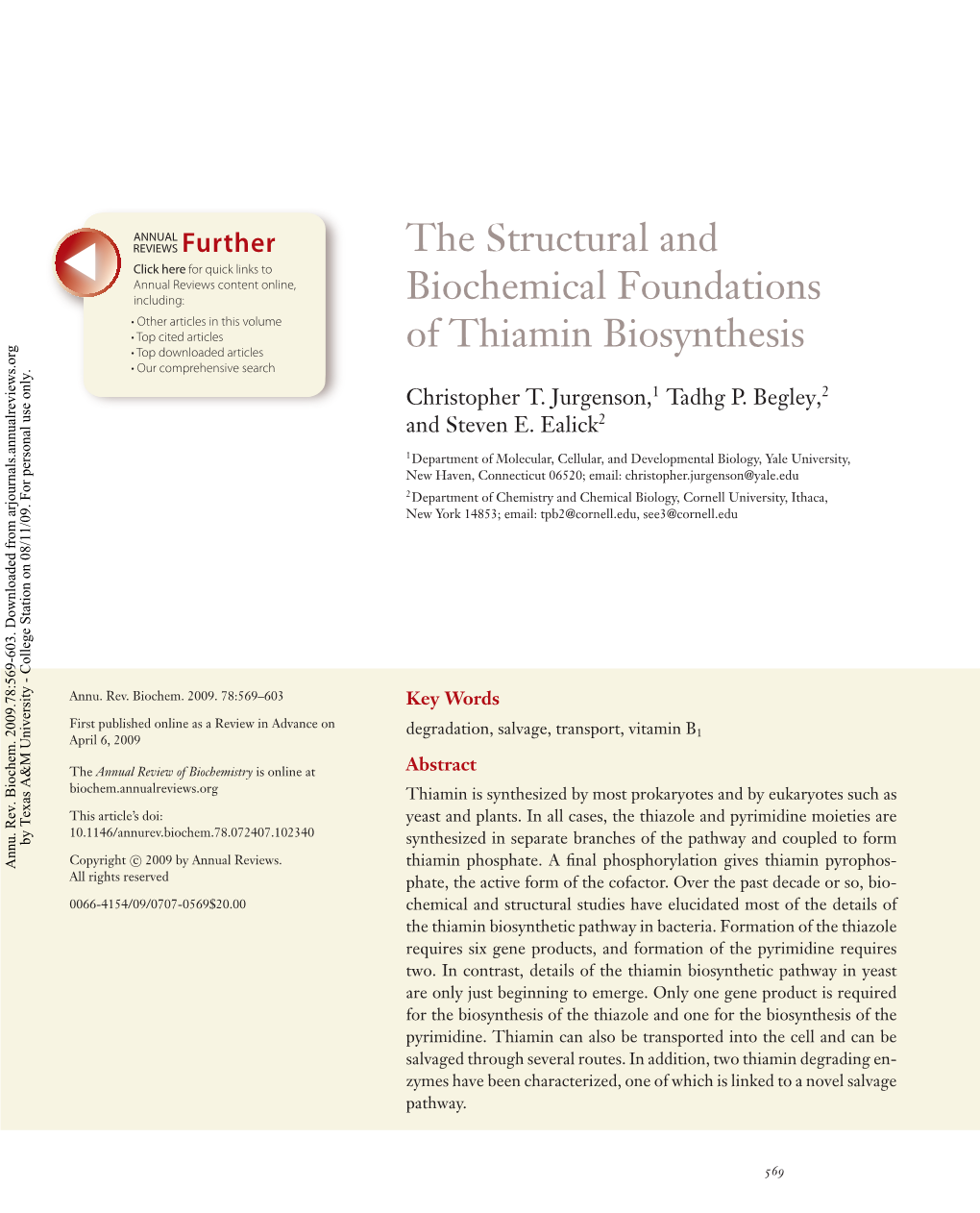 The Structural and Biochemical Foundations of Thiamin Biosynthesis