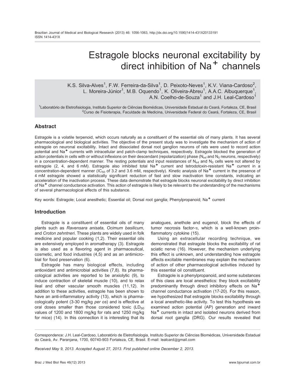 Estragole Blocks Neuronal Excitability by Direct Inhibition of Na Channels