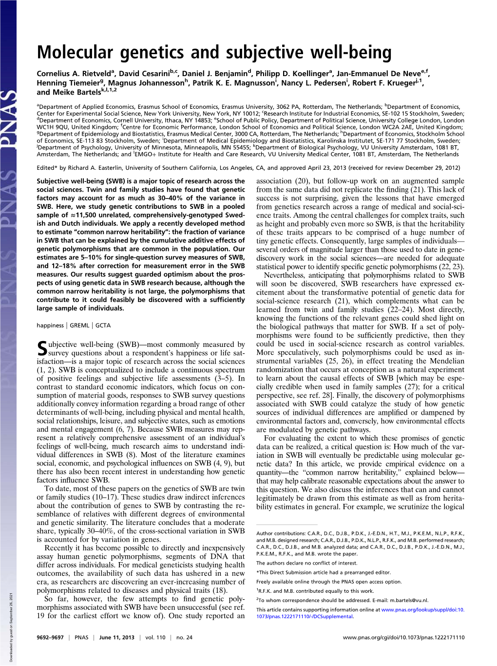 Molecular Genetics and Subjective Well-Being