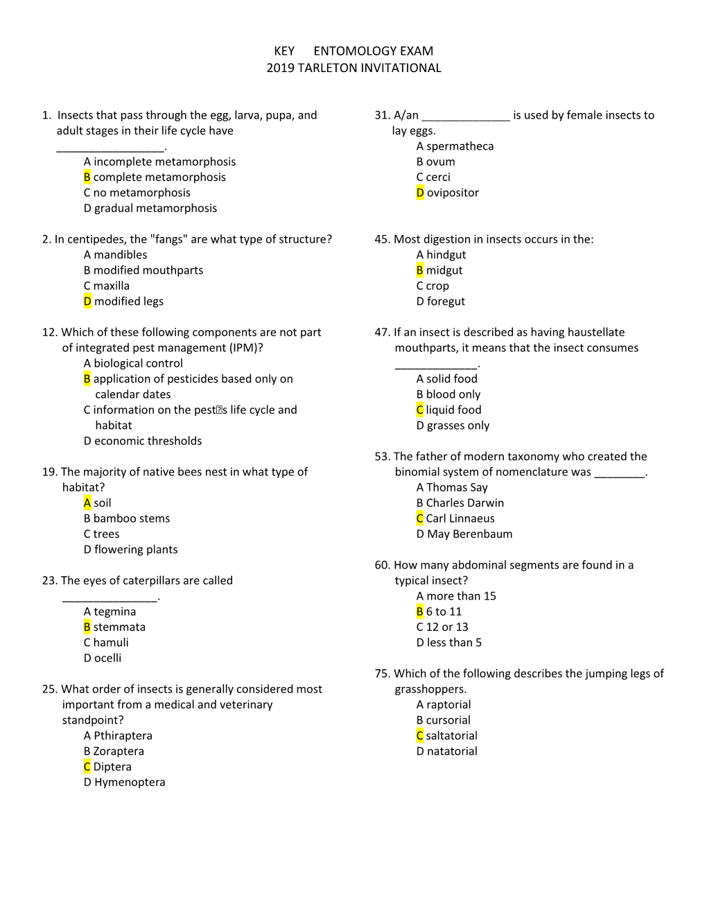 2019 Invitational Entomology Exam