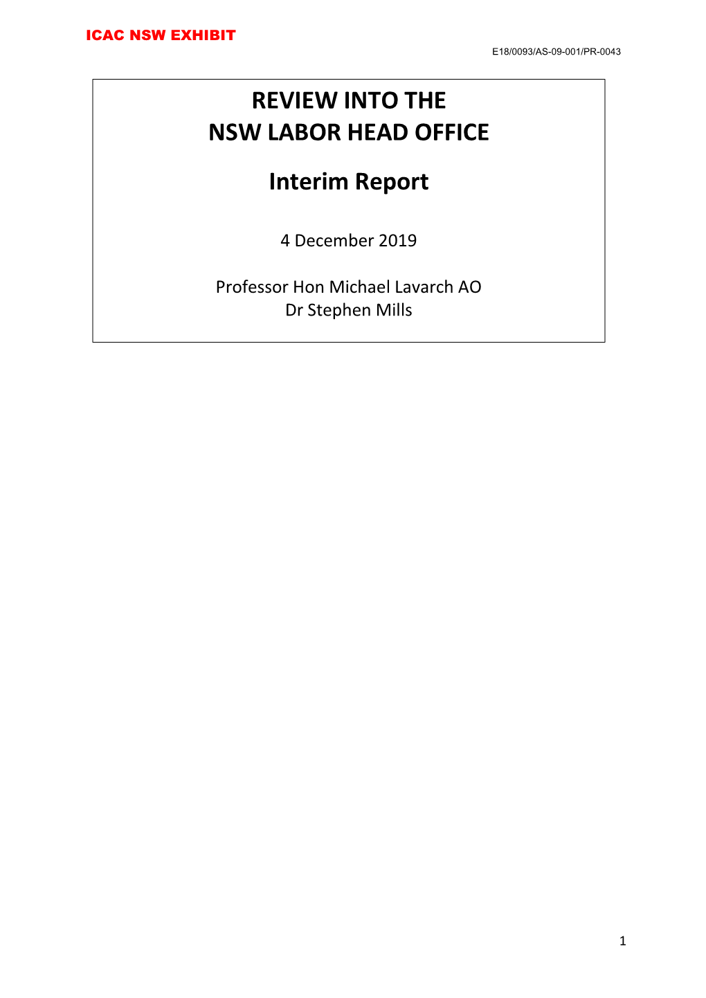 REVIEW INTO the NSW LABOR HEAD OFFICE Interim Report