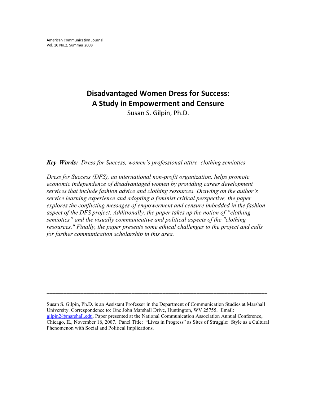 Disadvantaged Women Dress for Success: a Study in Empowerment and Censure Susan S