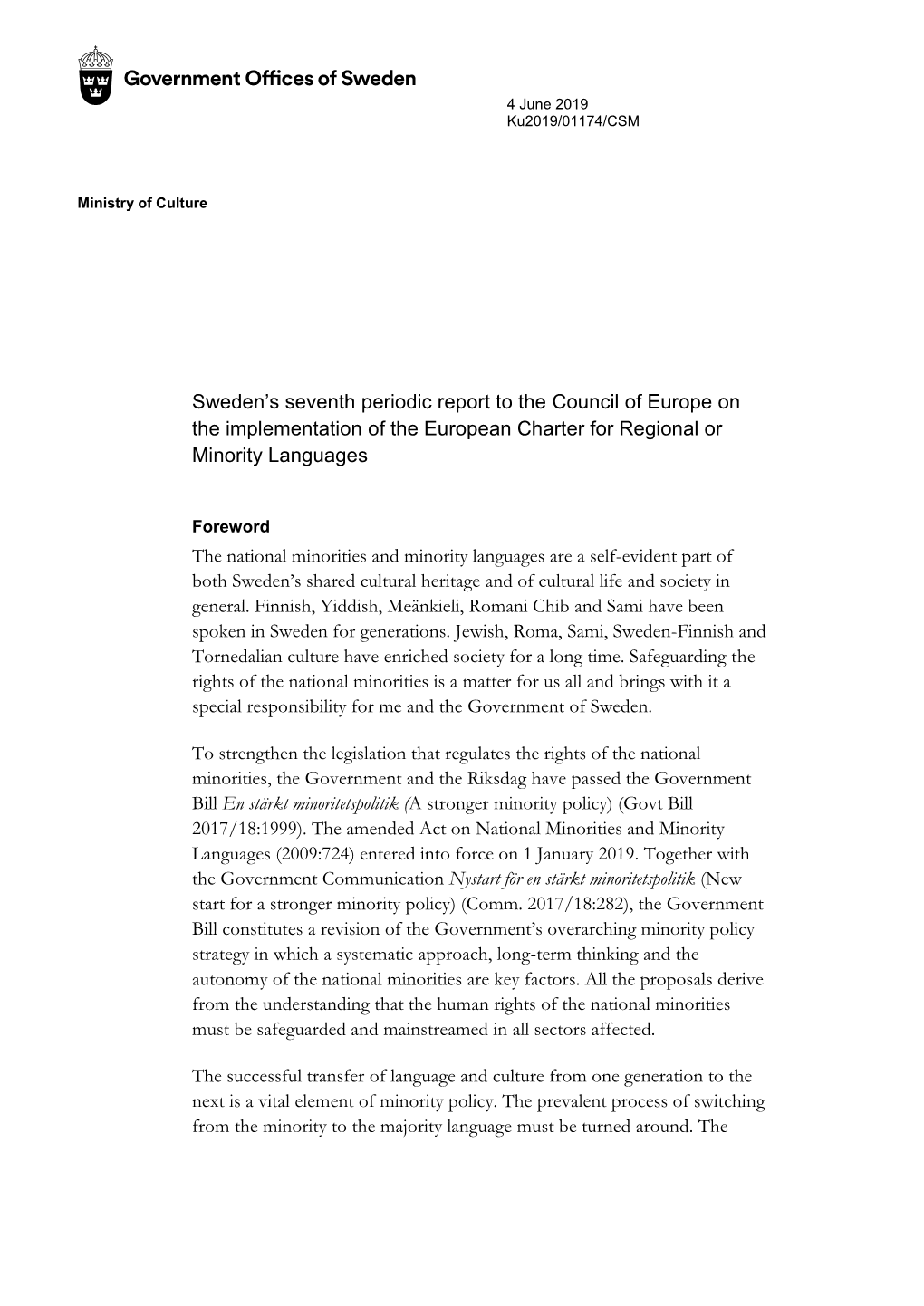 Sweden's Seventh Periodic Report to the Council of Europe