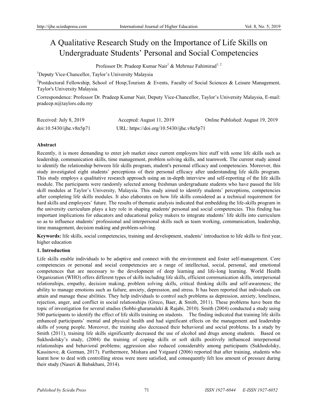 A Qualitative Research Study on the Importance of Life Skills on Undergraduate Students’ Personal and Social Competencies