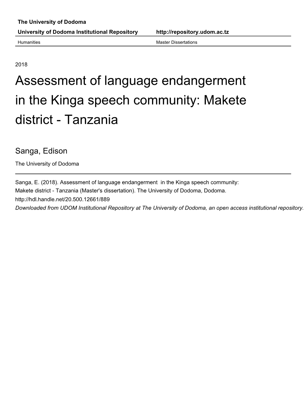 Assessment of Language Endangerment in the Kinga Speech Community: Makete District - Tanzania