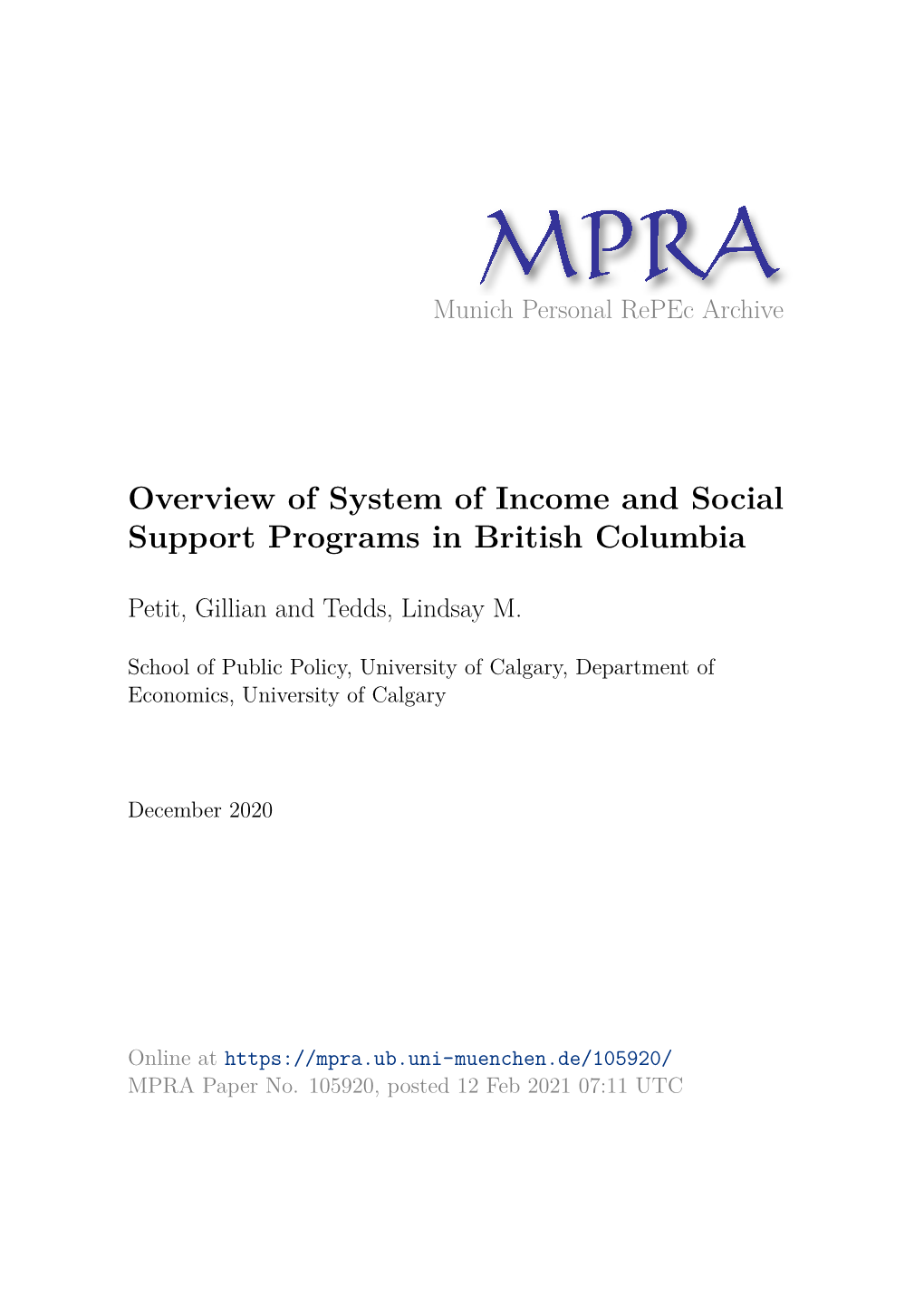 Overview of System of Income and Social Support Programs in British Columbia