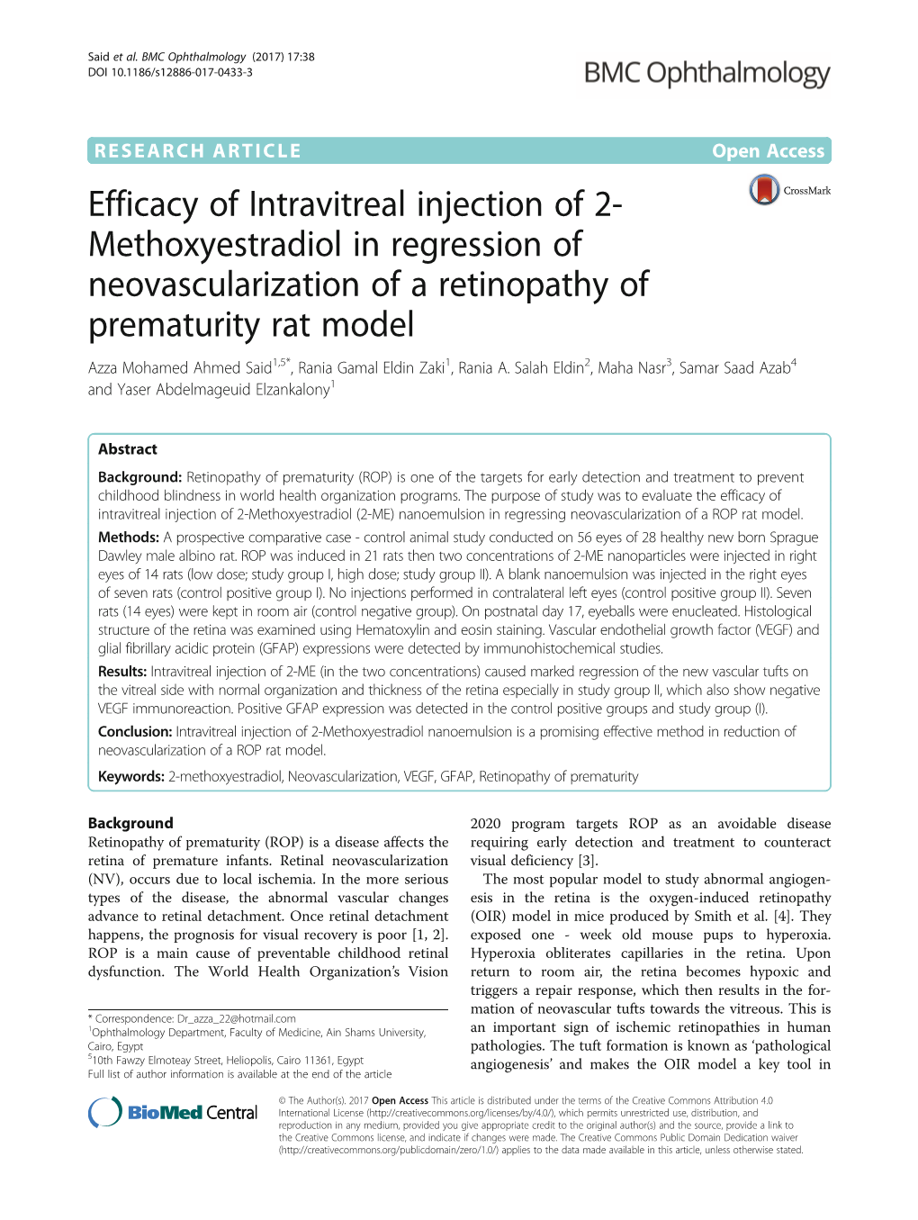 Efficacy of Intravitreal Injection of 2-Methoxyestradiol in Regression of Neovascularization of a Retinopathy of Prematurity