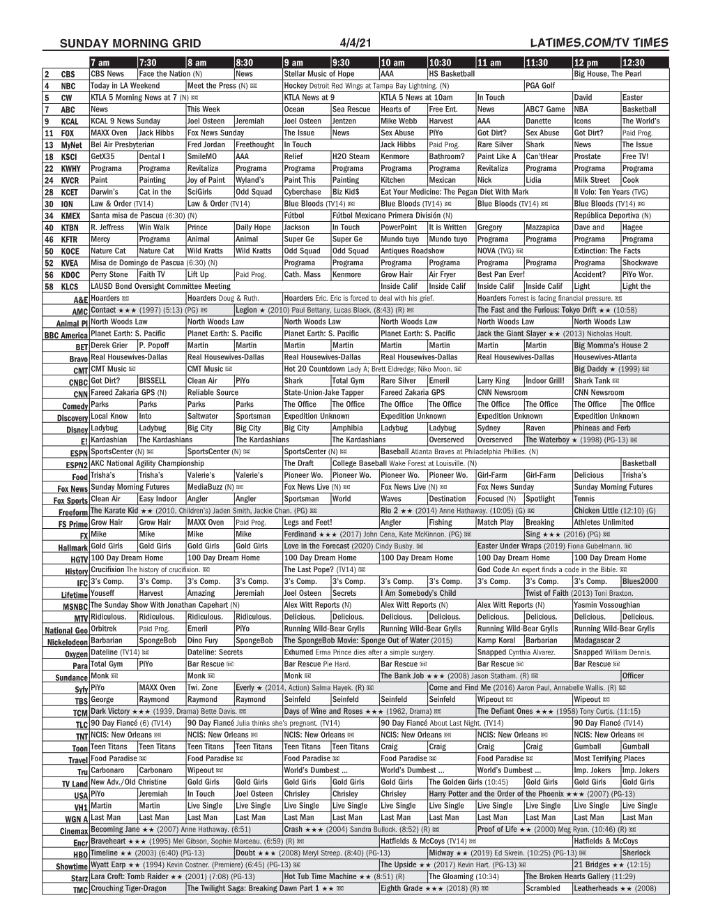 Sunday Morning Grid 4/4/21 Latimes.Com/Tv Times