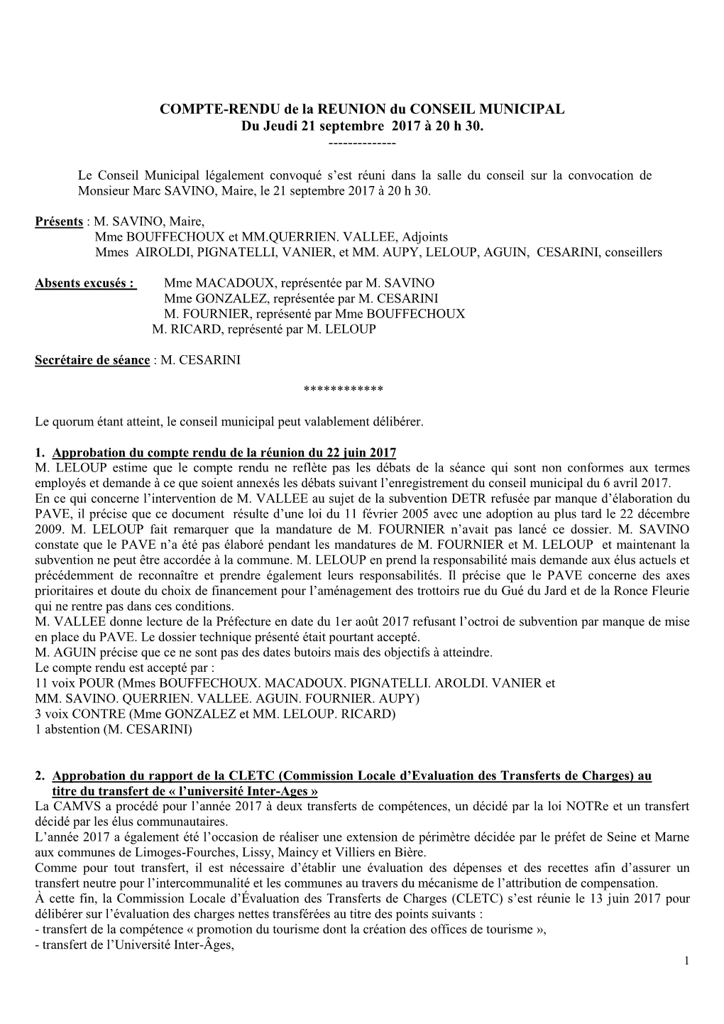 COMPTE-RENDU De La REUNION Du CONSEIL MUNICIPAL Du Jeudi 21 Septembre 2017 À 20 H 30.