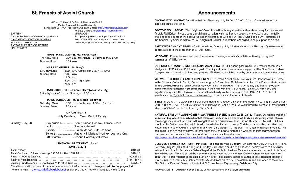 St. Francis of Assisi Church Announcements