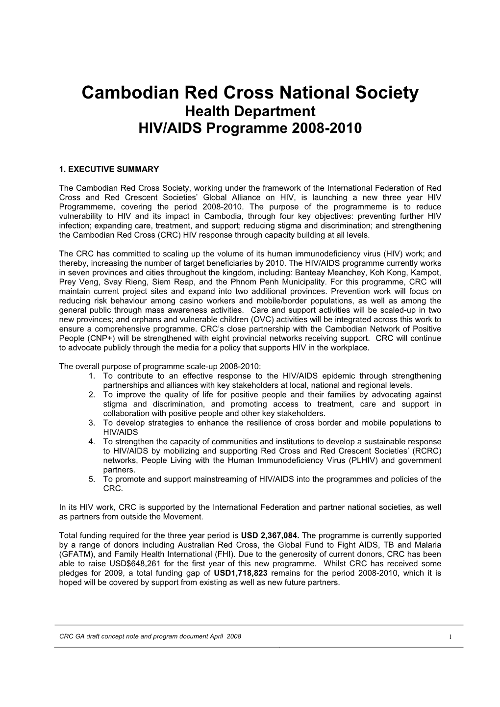 Cambodian Red Cross National Society Health Department HIV/AIDS Programme 2008-2010