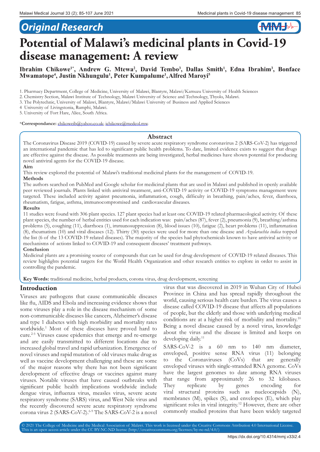 Potential of Malawi's Medicinal Plants in Covid