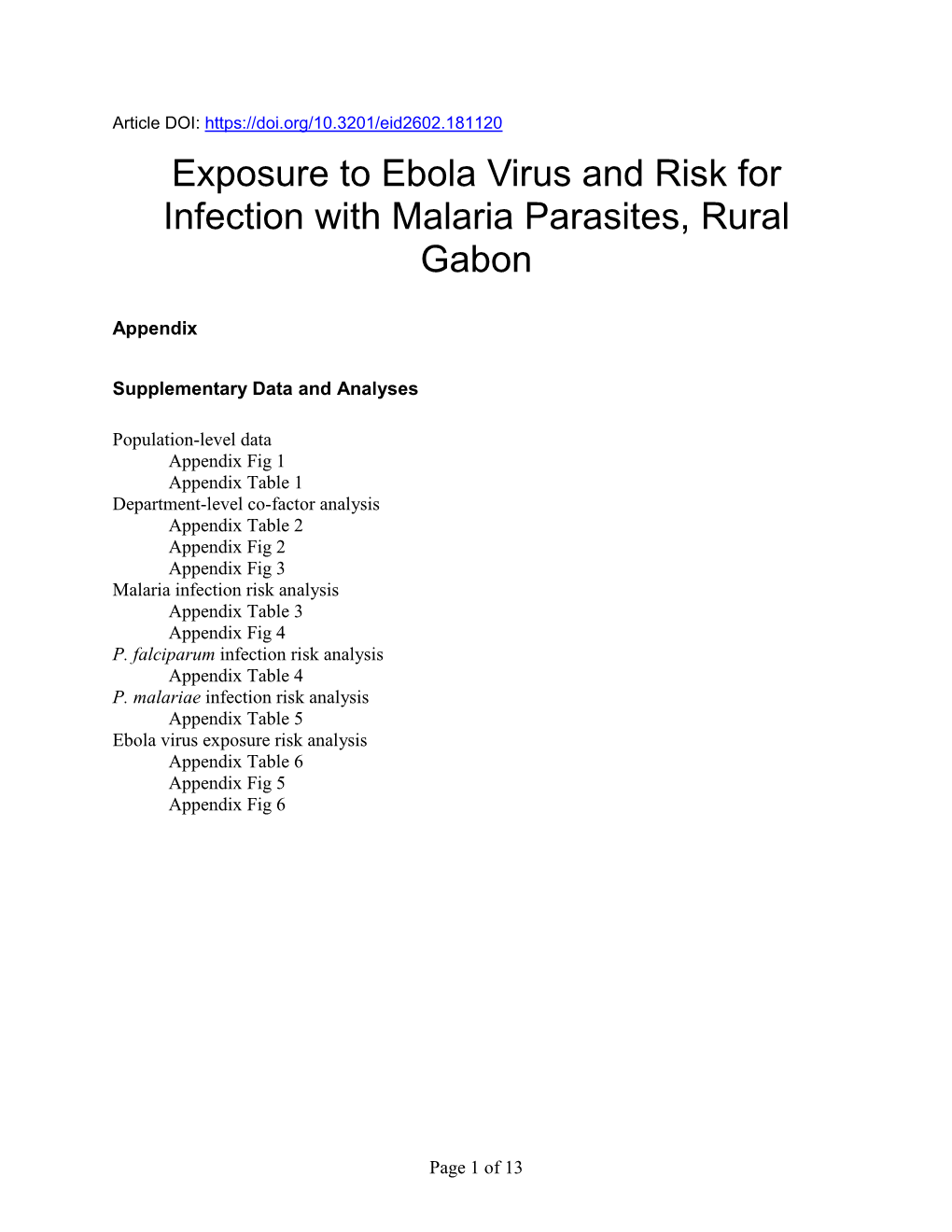 Exposure to Ebola Virus and Risk for Infection with Malaria Parasites, Rural Gabon