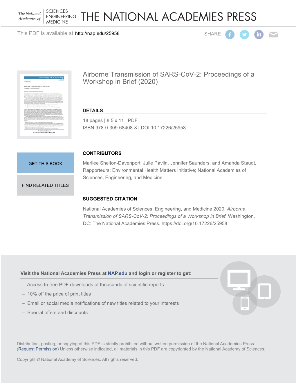 Airborne Transmission of SARS-Cov-2: Proceedings of a Workshop in Brief (2020)