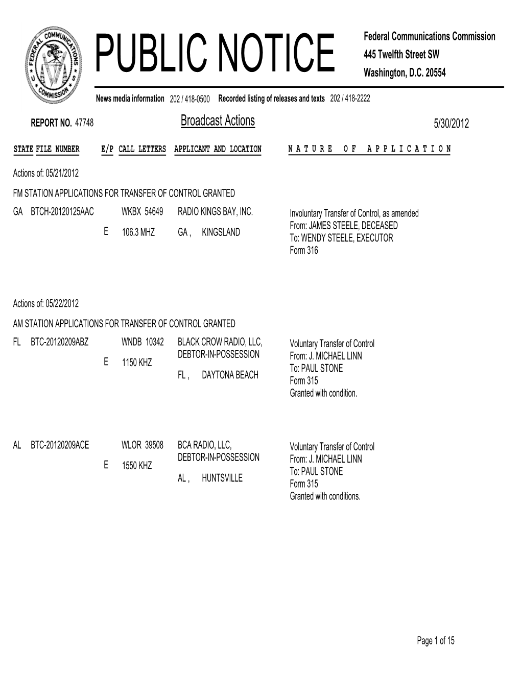 Broadcast Actions 5/30/2012