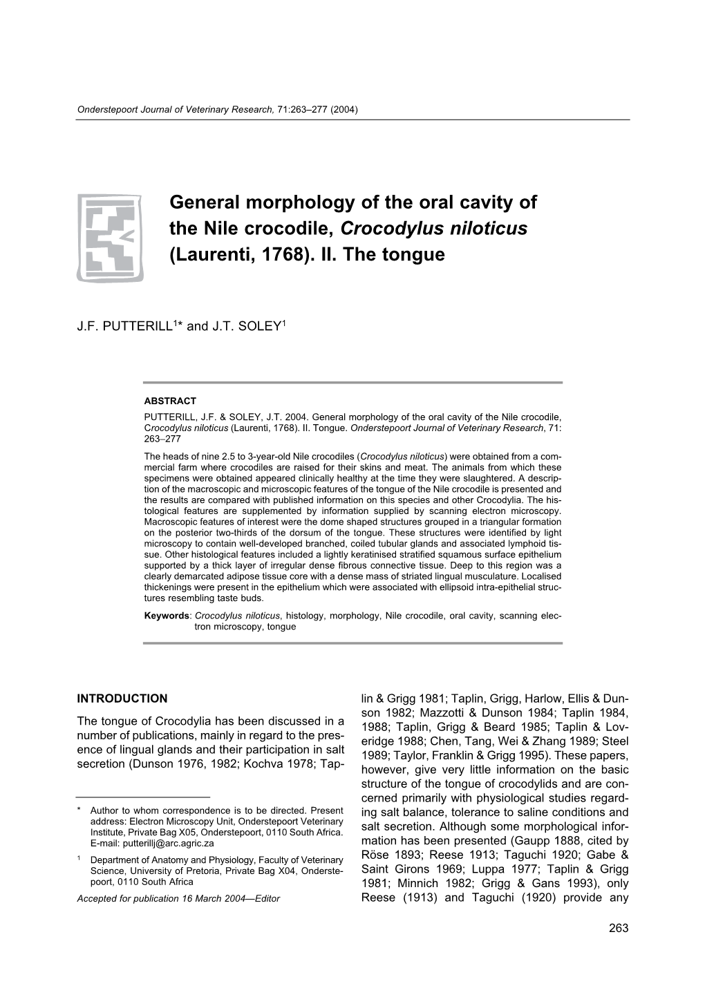 General Morphology of the Oral Cavity of the Nile Crocodile, Crocodylus Niloticus (Laurenti, 1768)