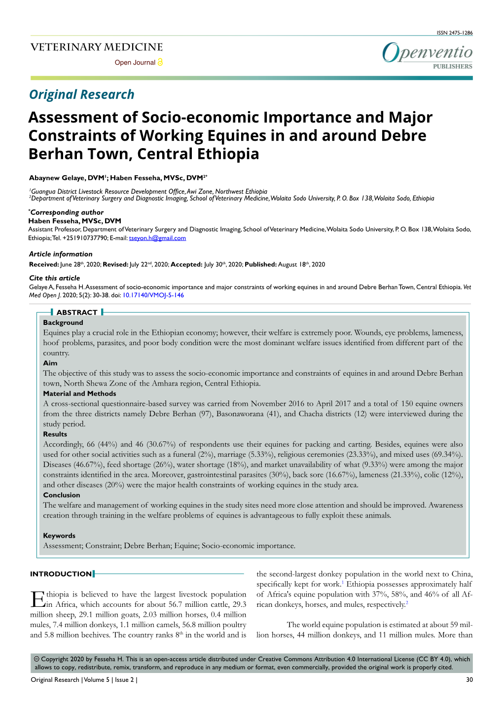 Assessment of Socio-Economic Importance and Major Constraints of Working Equines in and Around Debre Berhan Town, Central Ethiopia