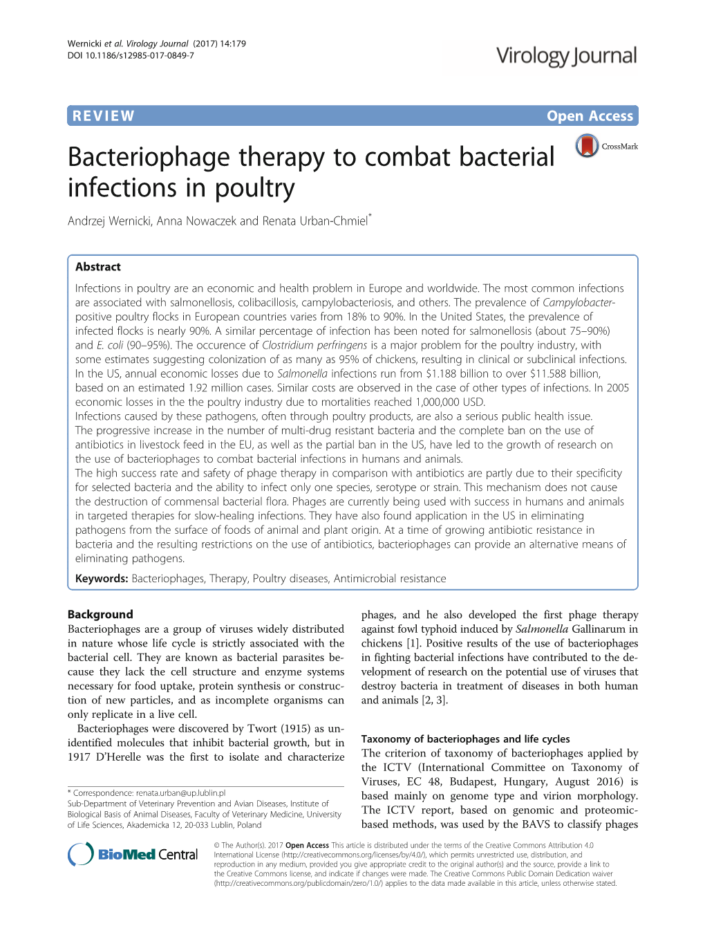 Bacteriophage Therapy to Combat Bacterial Infections in Poultry Andrzej Wernicki, Anna Nowaczek and Renata Urban-Chmiel*