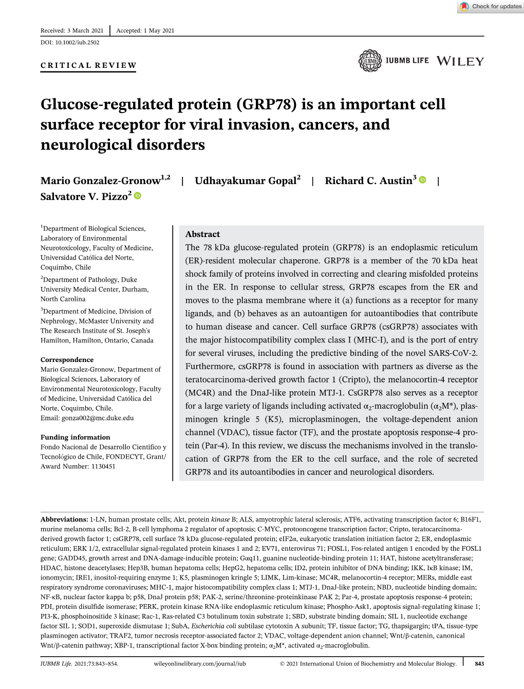 Glucose‐Regulated Protein (GRP78) Is an Important Cell Surface Receptor