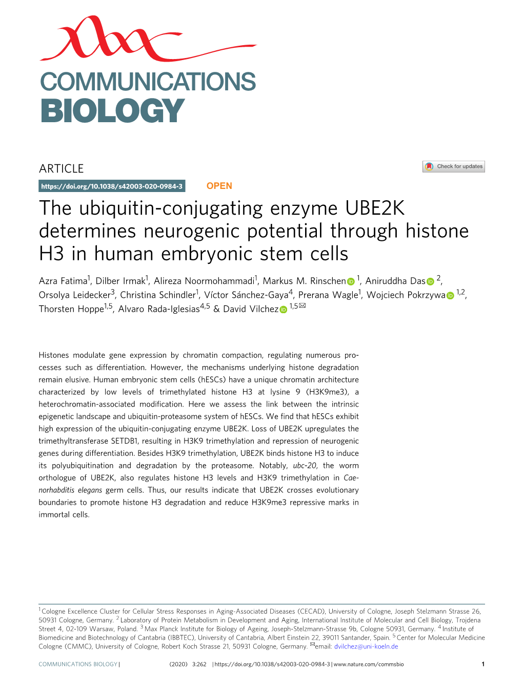 The Ubiquitin-Conjugating Enzyme UBE2K Determines Neurogenic Potential Through Histone H3 in Human Embryonic Stem Cells