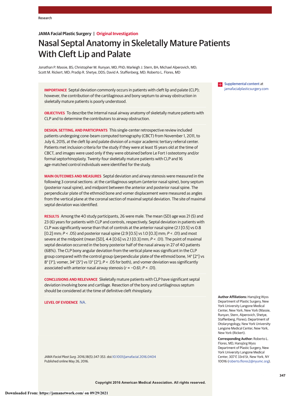 Nasal Septal Anatomy in Skeletally Mature Patients with Cleft Lip and Palate