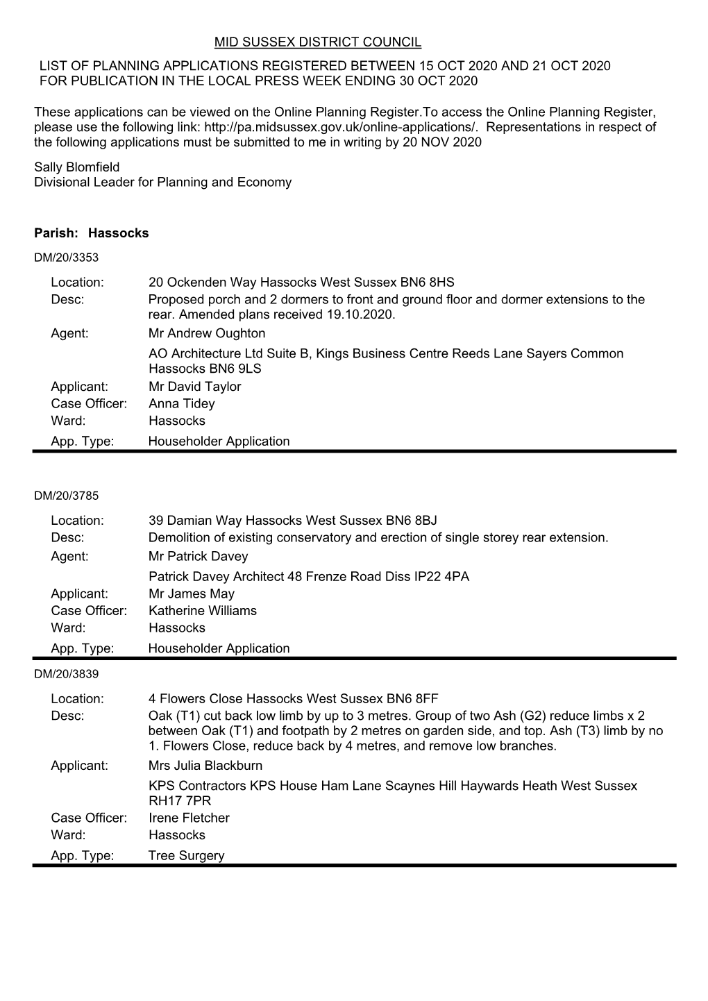 Mid Sussex District Council List of Planning Applications Registered Between 15 Oct 2020 and 21 Oct 2020 for Publication in the Local Press Week Ending 30 Oct 2020