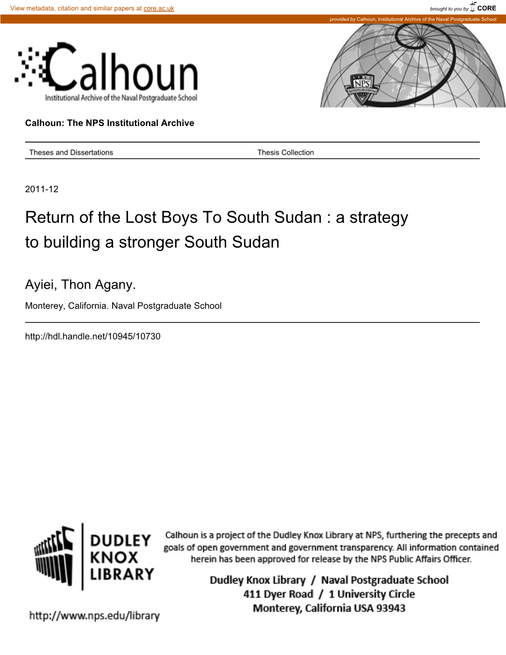 Return of the Lost Boys to South Sudan : a Strategy to Building a Stronger South Sudan