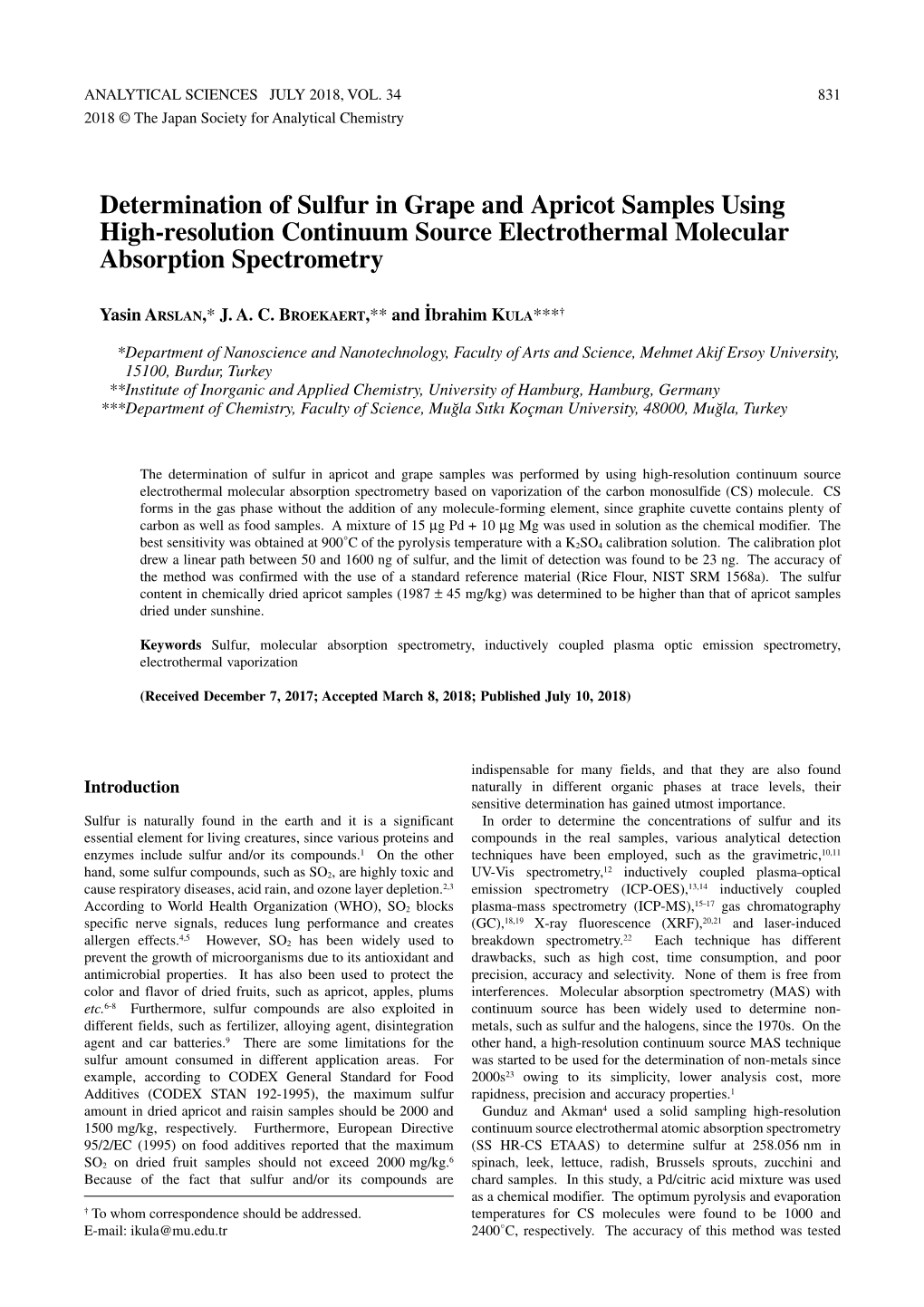 Determination of Sulfur in Grape and Apricot Samples Using High-Resolution Continuum Source Electrothermal Molecular Absorption Spectrometry