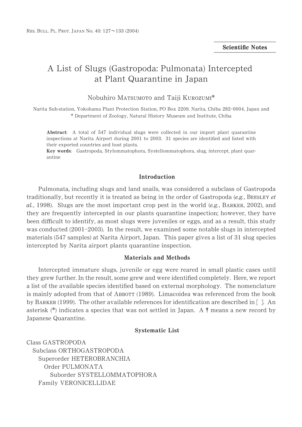 A List of Slugs (Gastropoda: Pulmonata) Intercepted at Plant Quarantine in Japan