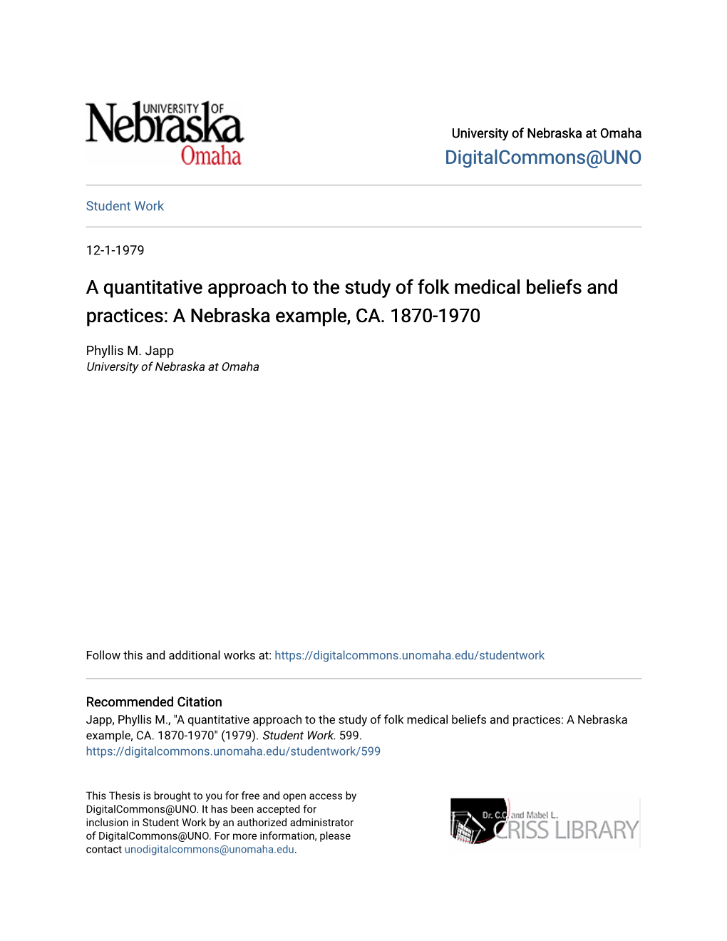 A Quantitative Approach to the Study of Folk Medical Beliefs and Practices: a Nebraska Example, CA