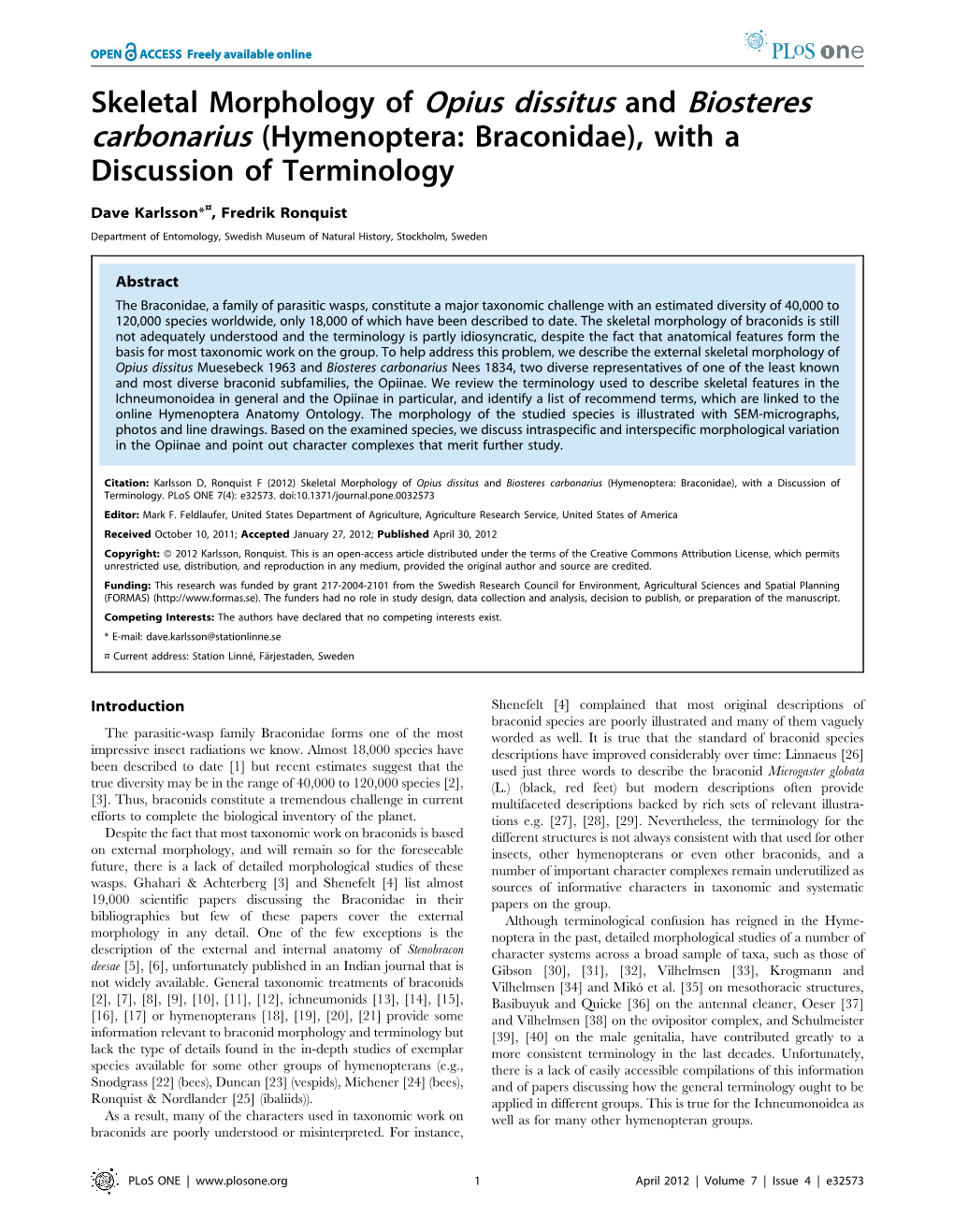 Skeletal Morphology of Opius Dissitus and Biosteres Carbonarius (Hymenoptera: Braconidae), with a Discussion of Terminology