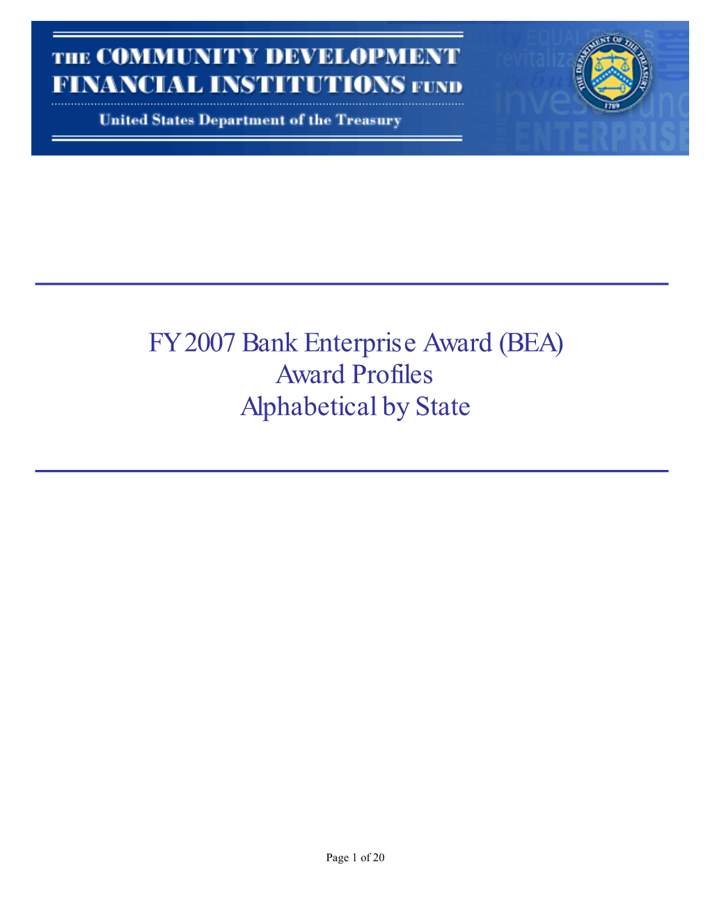 FY 2007 Bank Enterprise Award (BEA) Award Profiles Alphabetical by State