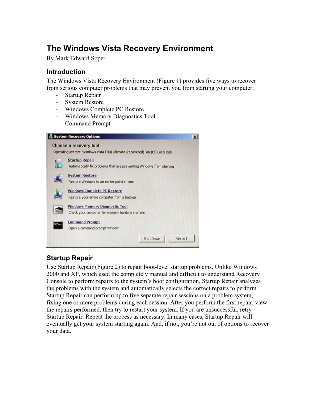 Using the Windows Vista Recovery Environment