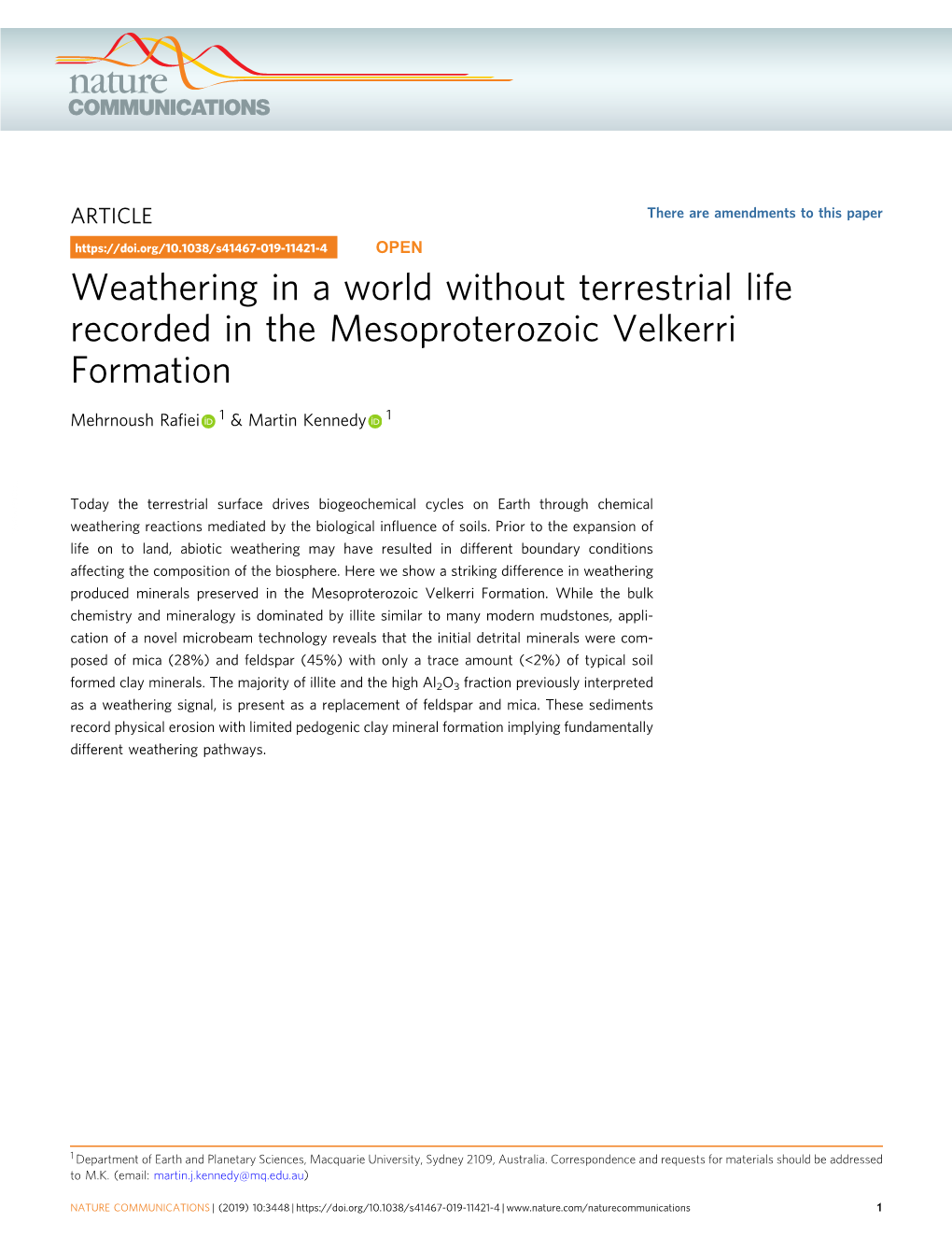 Weathering in a World Without Terrestrial Life Recorded in the Mesoproterozoic Velkerri Formation