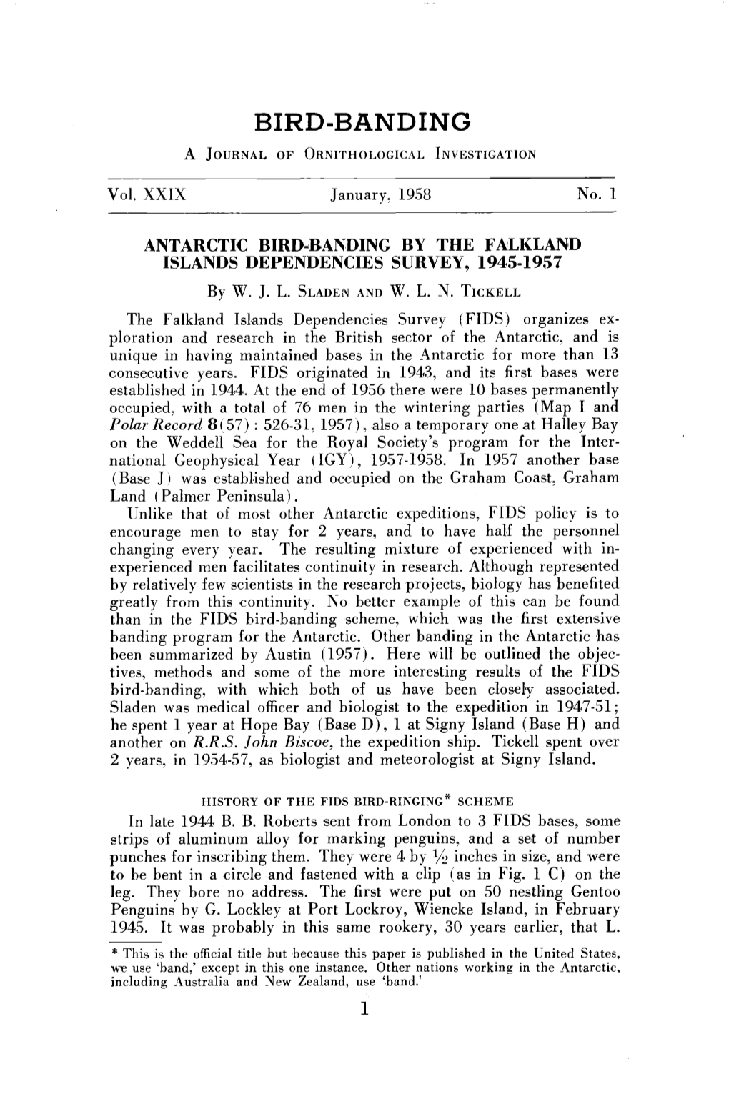 ANTARCTIC BIRD-BANDING by the FALKLAND ISLANDS DEPENDENCIES SURVEY, 1945-1957 by W